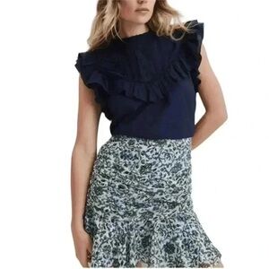 EUC Veronica Beard Taras floral-print ruched silk mini skirt Green Blue White 6